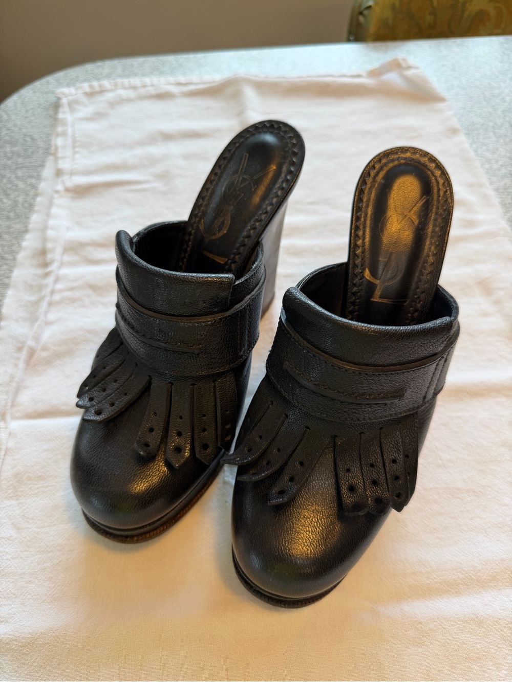 YSL Vintage Black Leather Fringe Mule Clogs